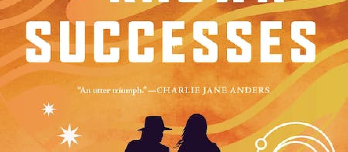 Cover of The Mimicking of Known Successes by Malka Older. Orange/yellow sky, with two female silhouettes, and a futuristic town/platform in the background.