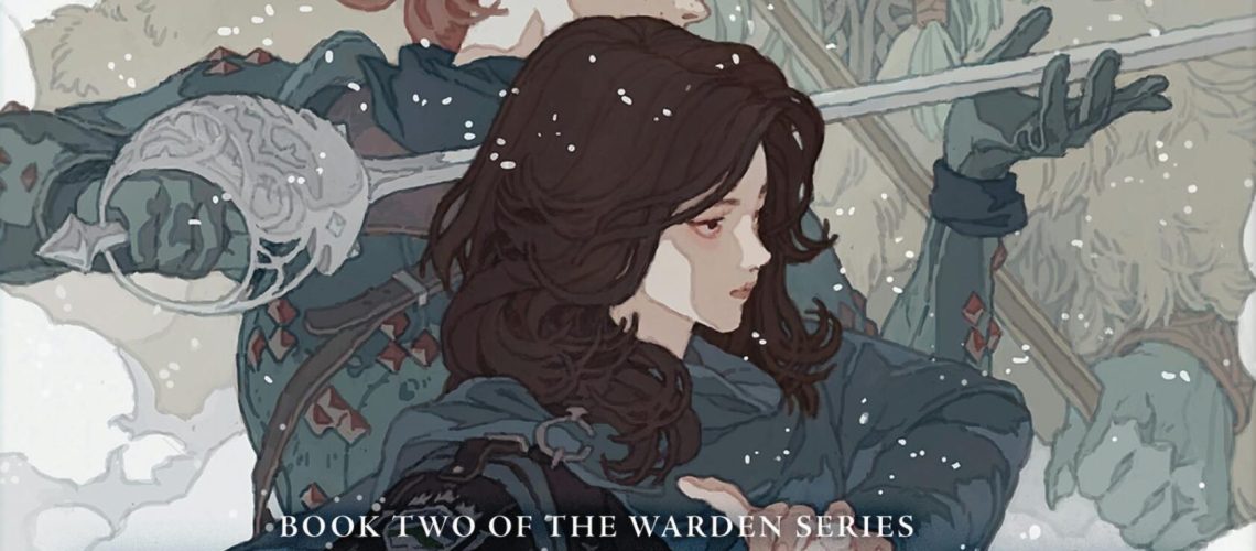 Cover of Necrobane, Book Two of the Warden Series, by Daniel M. Ford, featuring a small dark-haired woman gesturing and holding a dagger, a larger redhead holding a rapier, and a faded figure behind them, holding a staff.