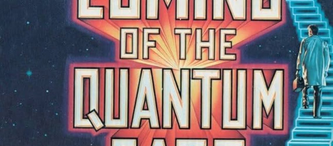 Cover of The Coming of the Quantum Cats, by Frederik Pohl, featuring a businessman, a soldier, a scientist, and others ascending a staircase set against the stars.