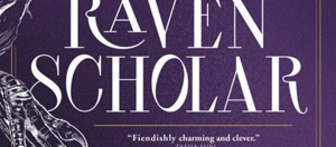 Cover of The Raven Scholar, by Antonia Hodgson, featuring a white line drawing of a raven's beak and claws, against a purple background.