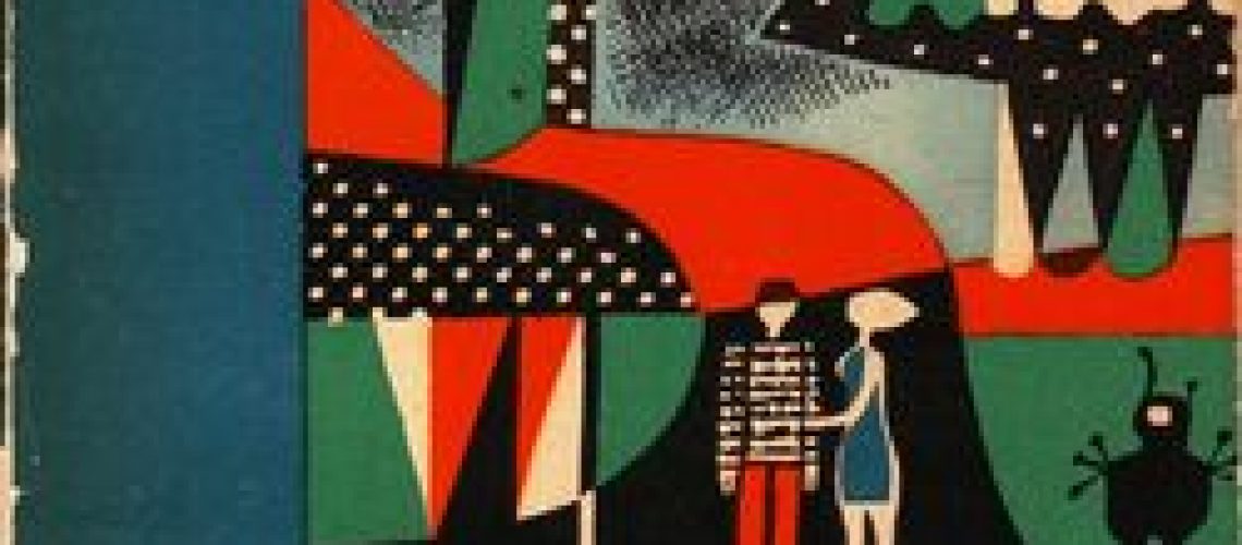 Cover of Return from the Stars, by Stanislaw Lem, featuring nearly abstract depictions of a man and woman in a cityscape, with what might be an alien on the side.