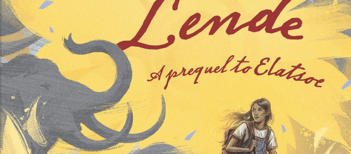 Cover of Sheine Lende, by Darcie Little Badger. Depicts girl in overals and a backpack, looking back at mammoths, on a mostly yellow background with gray streaks and shadows.