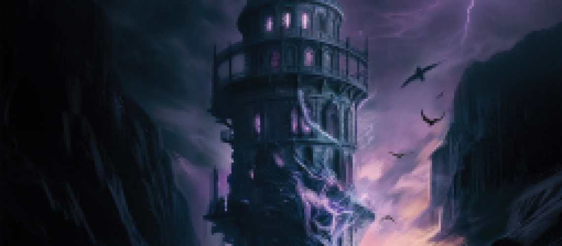 Cover of Sleeping Worlds Have No Memory, featuring a tower against a stormy background, with a few birds wheeling around it, and a silhouette of a person in the lower foreground.