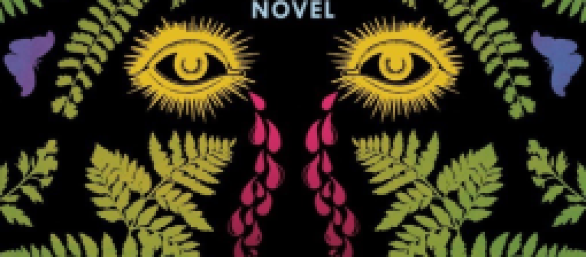 Cover of Smothermoss by Alisa Alering, featuring symmetrical cutouts of ferns, yellow eyes weeping red tears, and blue foxes, butterflies, birds, and rabbits.