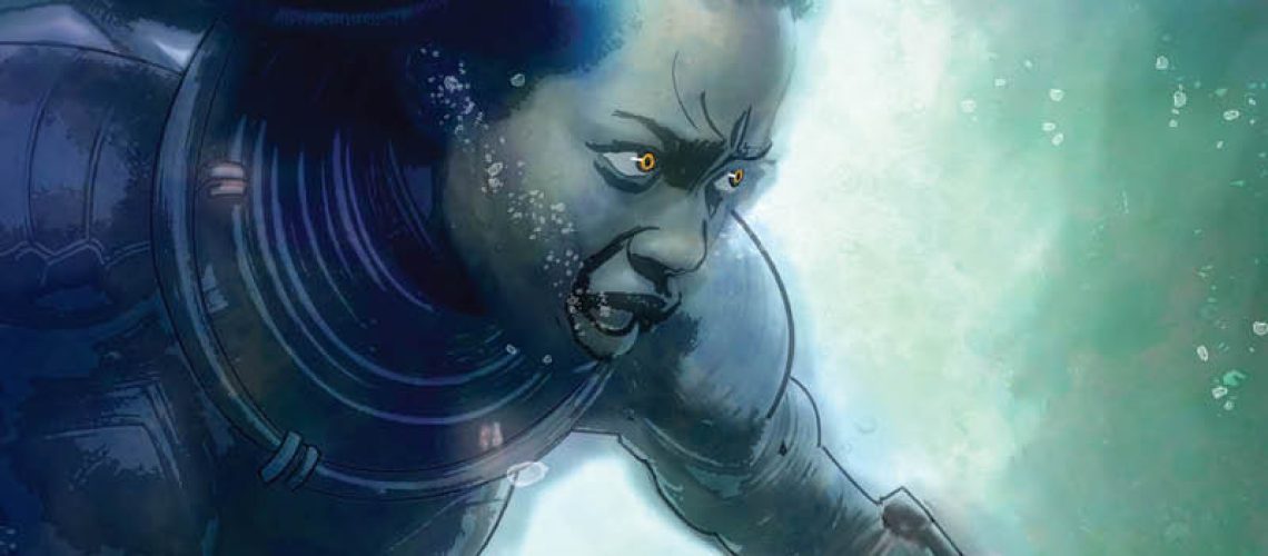 Cover of Songs for the Shadows, by Cheryl S. Ntumy, featuring a desperate-looking Black woman underwater, with bubbles streaming from her mouth and long hair streaming behind her, with a tentacle wrapping below her. Cover illustration by Akintoba Kalejaye.