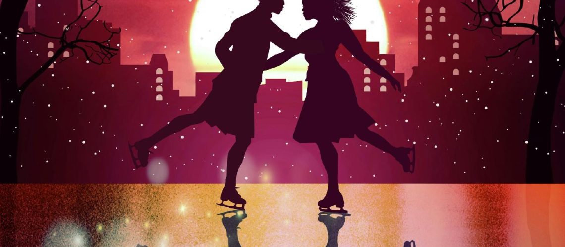 Cover of Soulstar, by C.L. Polk (The Kingston Cycle, Volume 3), featuring two female ice skaters, one with long hair and a scarf, and one with close-cropped hair), against a cityscape with a rising or setting sun.