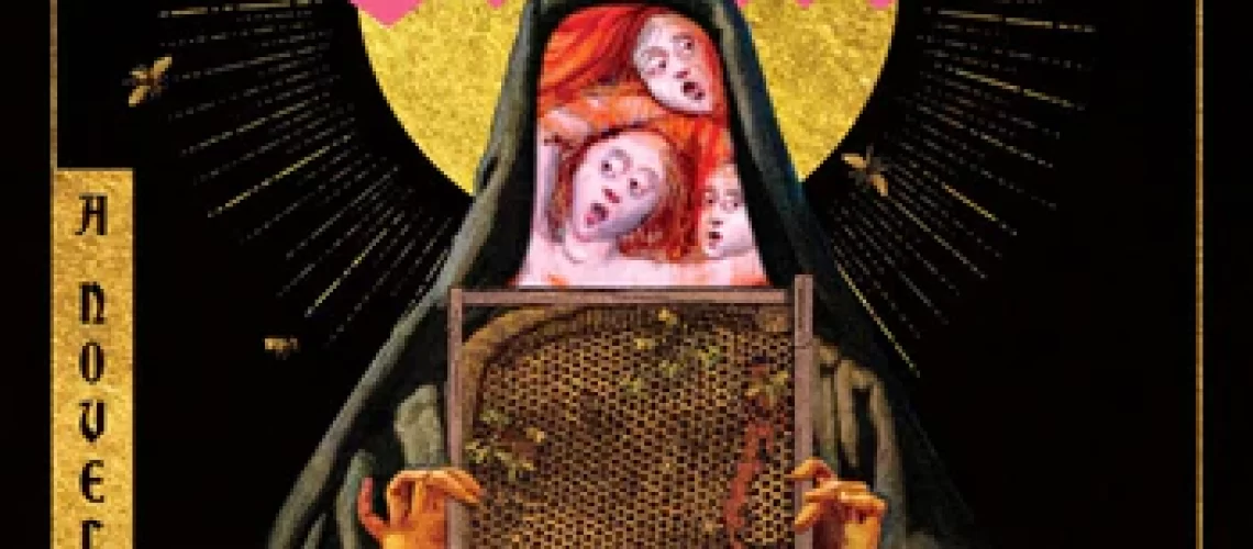 Cover of The Starving Saints, by Caitlin Starling, with a nun figure holding up a screen with little plants growing on it, with clawlike hands, but the face is like a vidscreen showing several women's faces, and there's a gold halo-like circle behind the head.