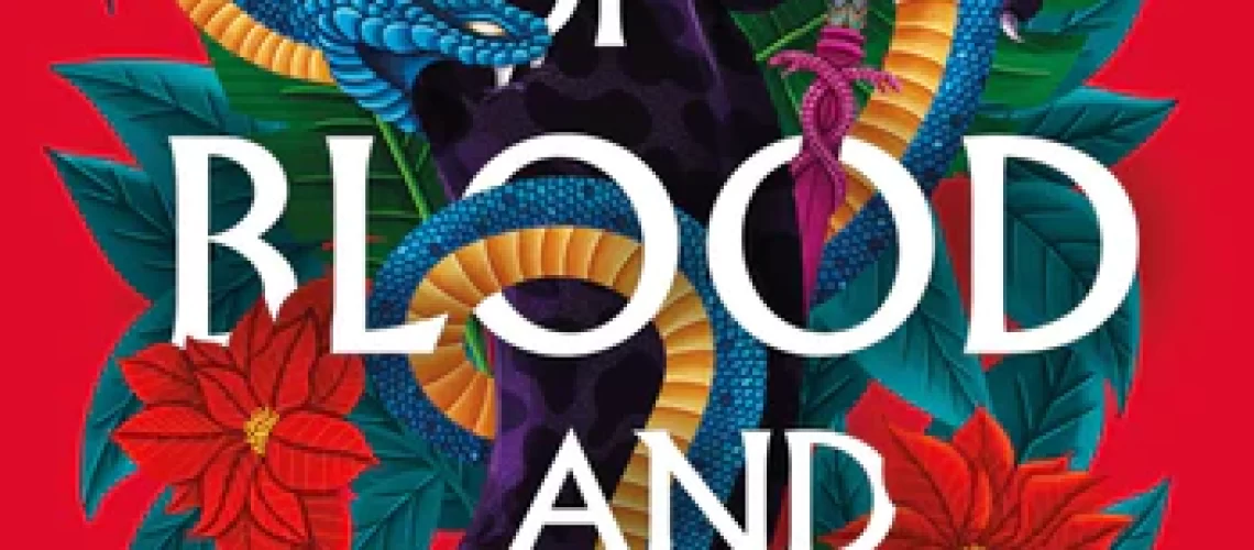 Cover of Sun and Blood and Ruin, by Mariely Lares, featuring a panther fighting a serpent in a flowered jungle, with a stylized sun behind them, against a red background.