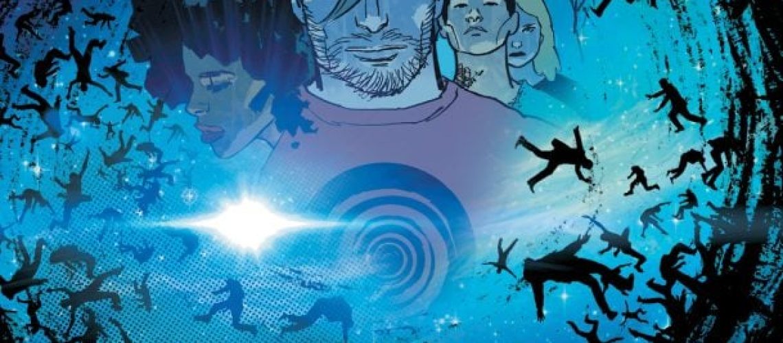 Cover of The Displaced #1, Written by Ed Brisson and illustrated by Luca Casalanguida. Features several people's faces amid a vortex of people's floating silhouettes.