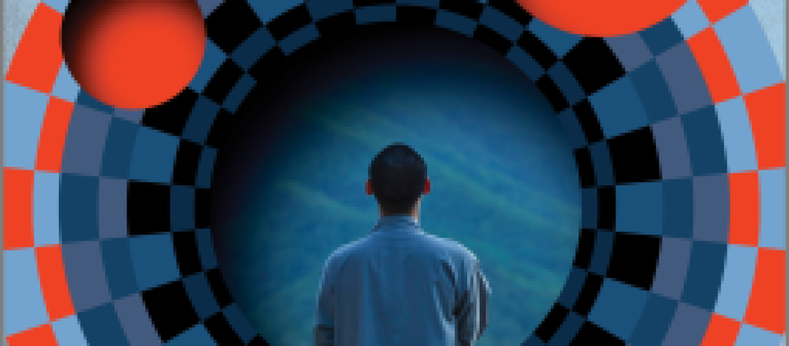 Cover of The Black Orb, by Ewhan Kim, translated by Sean Lin Halbert, featuring the back of a man with short black hair, with three red circles/spheres circling him down what looks like a an abstract checkerboard-design funnel.