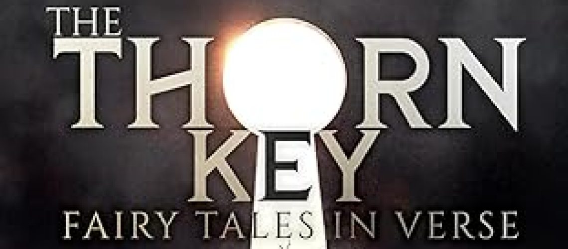 Cover of The Thorn Key: Fairy Tales in Verse, by Jeana Jorgensen, featuring a large keyhole in a dark, foggy void, with brambles at the bottom of the hole, atop an icy-looking surface.