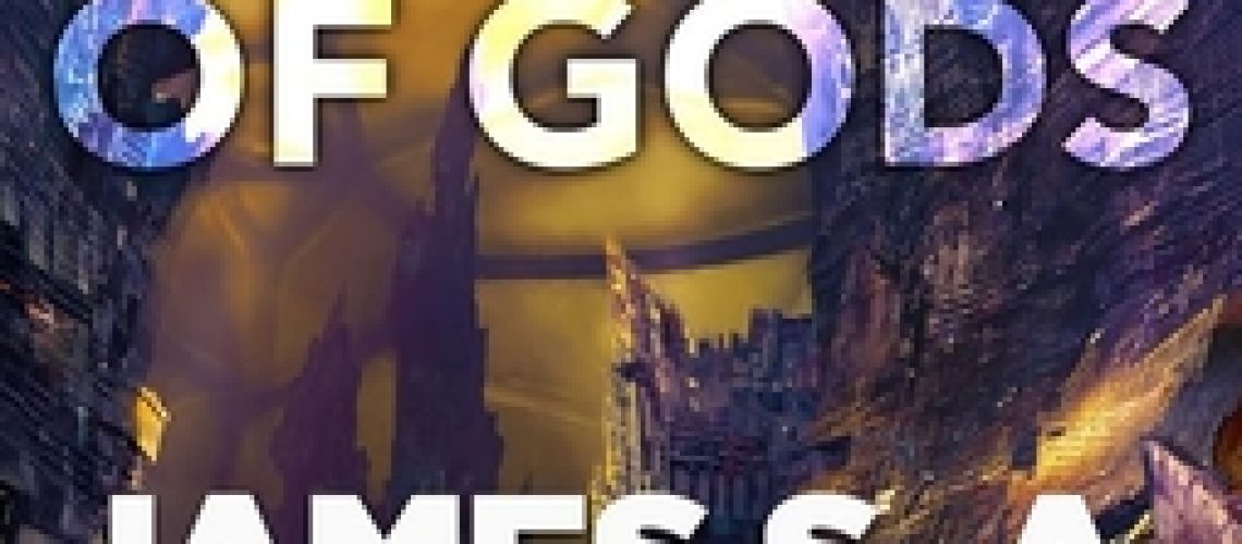 Cover of The Mercy of Gods, by James S.A. Corey, featuring dark, tilted spires looming over a shadowed cityscape, all under a golden dome.
