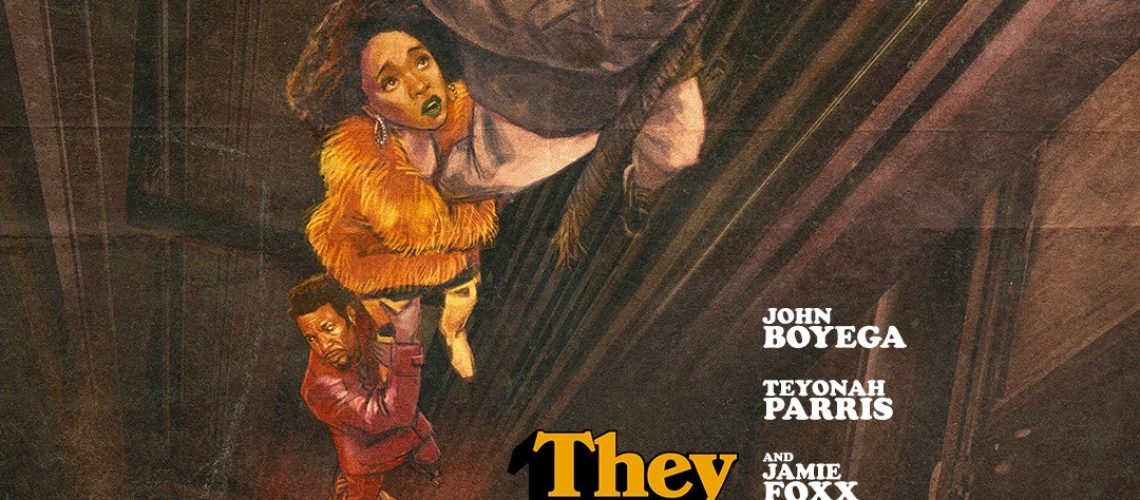 Netflix movie poster for They Cloned Tyrone, showing several people climbing through an elevator shaft. The last few on the cable appear to be clones of each other.