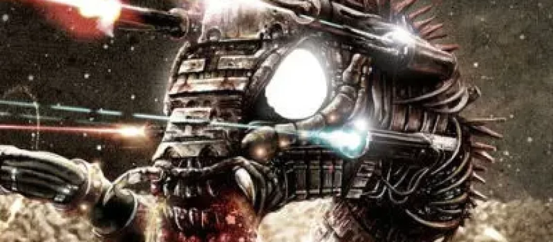 Cover of Triangulum by Subodhana Wijeyeratne, depicting a spaceship that looks like an angry monster, firing weapons.