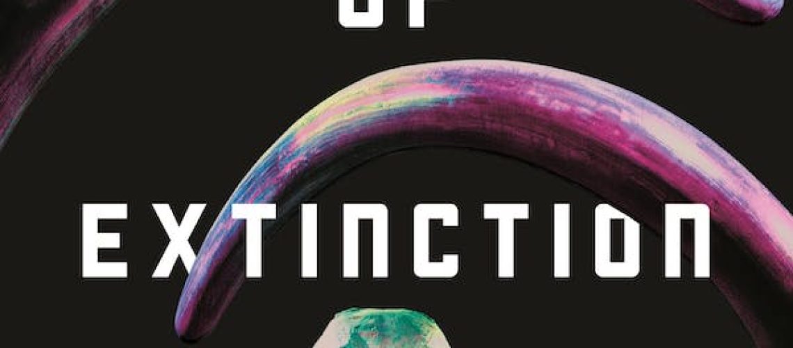Cover of The Tusks of Extinction by Ray Nayler, featuring the skull and huge, curving tusks of an elephant, mammoth or mastodon.