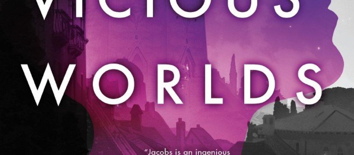 Cover of On Vicious Worlds, by Bethany Jacobs, with a purple silhouette of a person superimposed over a town with a tower in the background.
