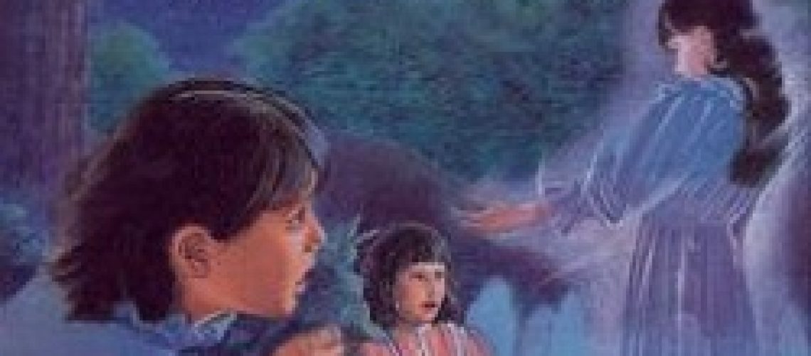 Cover of Wait Till Helen Comes by Mary Downing Hahn, featuring a little girl looking at a slightly glowing female form, both observed from behind a bush by another child.