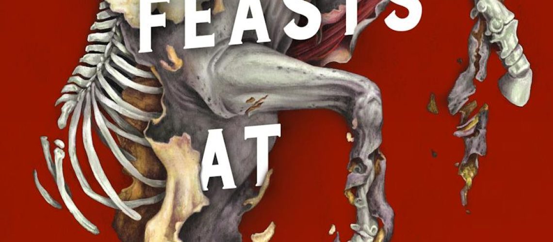 Cover of What Feasts at Night by T. Kingfisher. Features a partial horse skeleton against a red background.