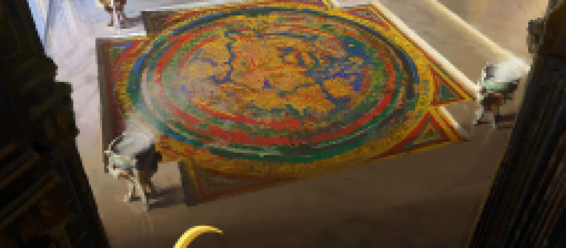 Cover of Wheel of the Infinite by Martha Wells, featuring a sand painting in a temple.