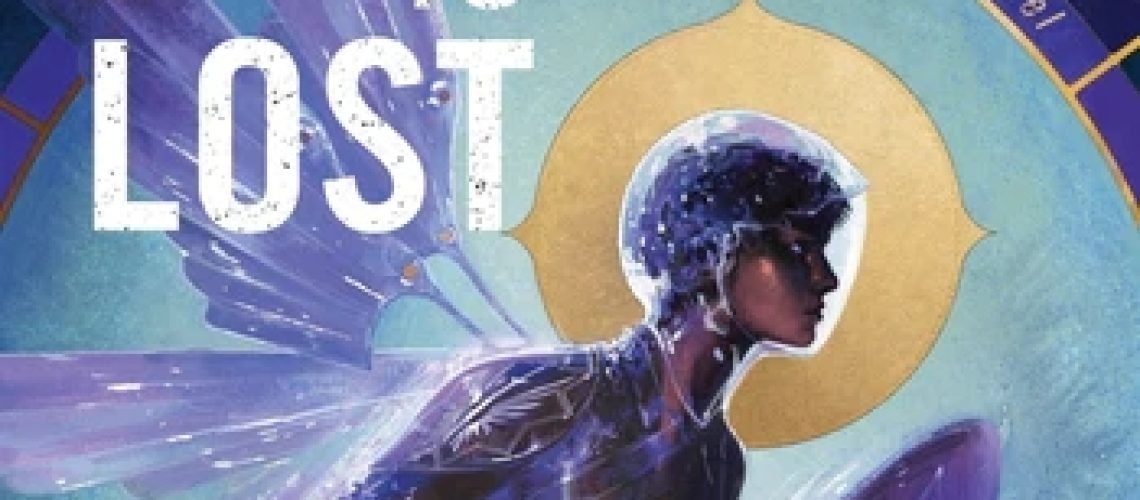 Cover of Where Peace Is Lost by Valerie Valdes. A resolute-looking woman with short hair, wings, a shield, and a transparent helmet is depicted with stars in the background.