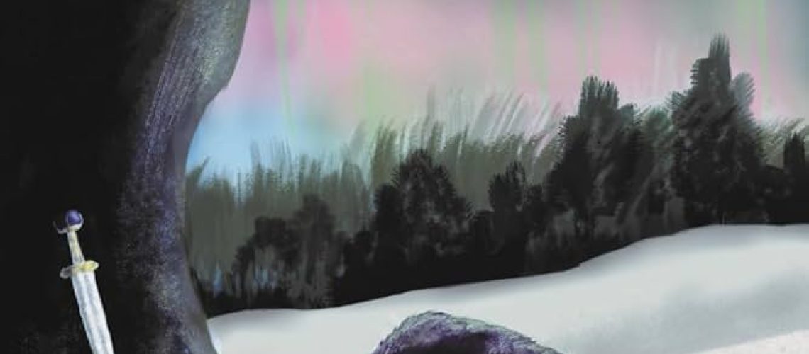 Cover of The Wolf and the Wild King by K.V. Johansen, featuring a black/gray wolf sniffing at the base of a tree, against which a sword leans; the ground is snowy, and there are bushes in the background, and the sky is lit with aurora colors.