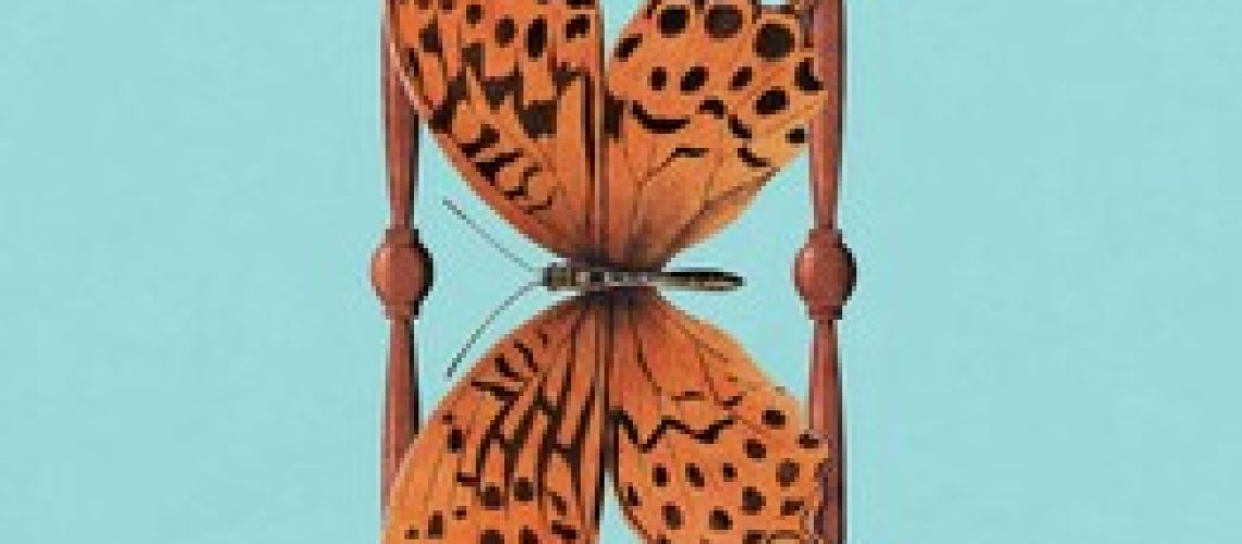 Cover of Laozi's Dao De Jing: A New Interpretation for a Transformative Time, by Laozi and Ken Liu. Features a black-spotted light brown butterfly turned sideways against the frame of an hourglass, in front of a slate blue background.