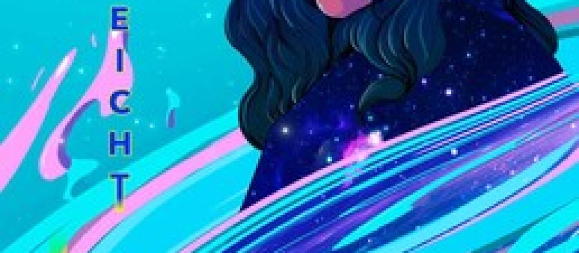 Cover of Loki's Ring. Dark-haired woman of color with a bindi against a background of a nebula, stars and planetoids.