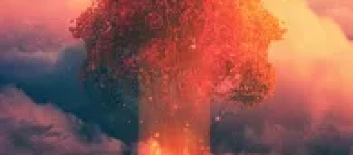 Cover of Resurrections by Ada Hoffman, showing a glowing white figure amid what appears to be a volcanic eruption, against a red and yellow sky, with darker clouds.